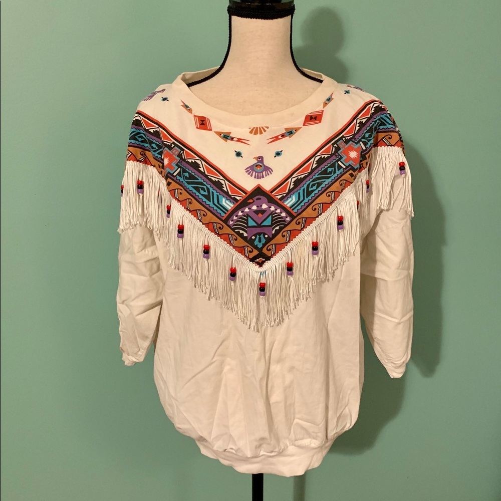 White Southwestern Aztec Navajo fringe beaded sweatshirt jacket